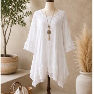 Giocam Luna White Cotton Gauze Tunic Boho Lagenlook Lace Hem NWT Small